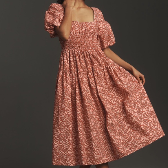 NWT By Anthropologie Puff Sleeve Smocked poplin Midi Dress - Picture 1 of 7